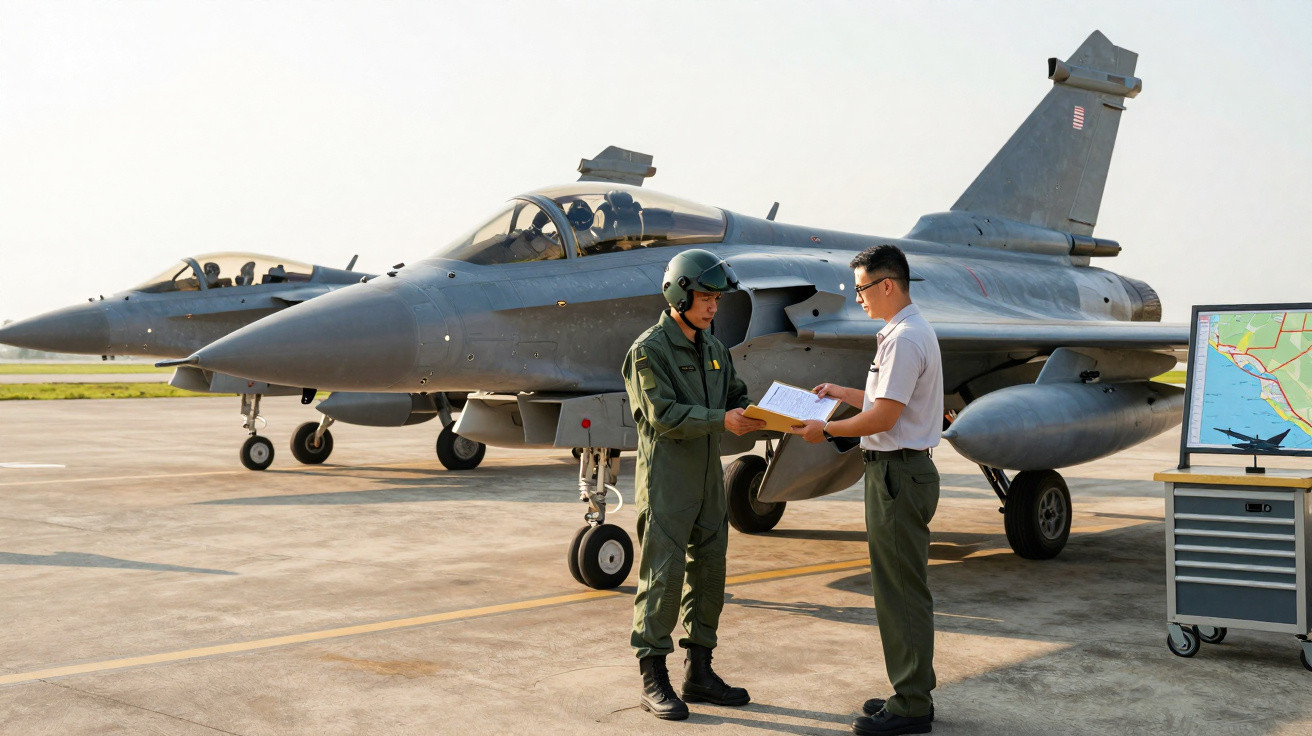 Zwei Militärpiloten neben zwei grauen Kampfjets auf dem Rollfeld bei der Durchsicht von Dokumenten.