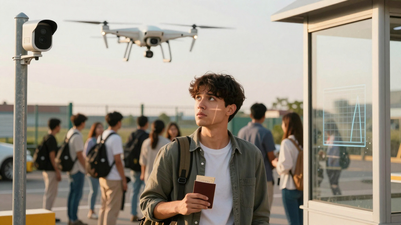 Junger Mann mit Reisepass wartet am Flughafen, Drohne schwebt, Gesicht wird von Scanner erfasst.