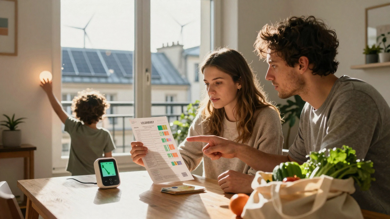 Eltern prüfen Energiekostenabrechnung am Tisch, Kind betrachtet Licht im hellen Wohnzimmer.