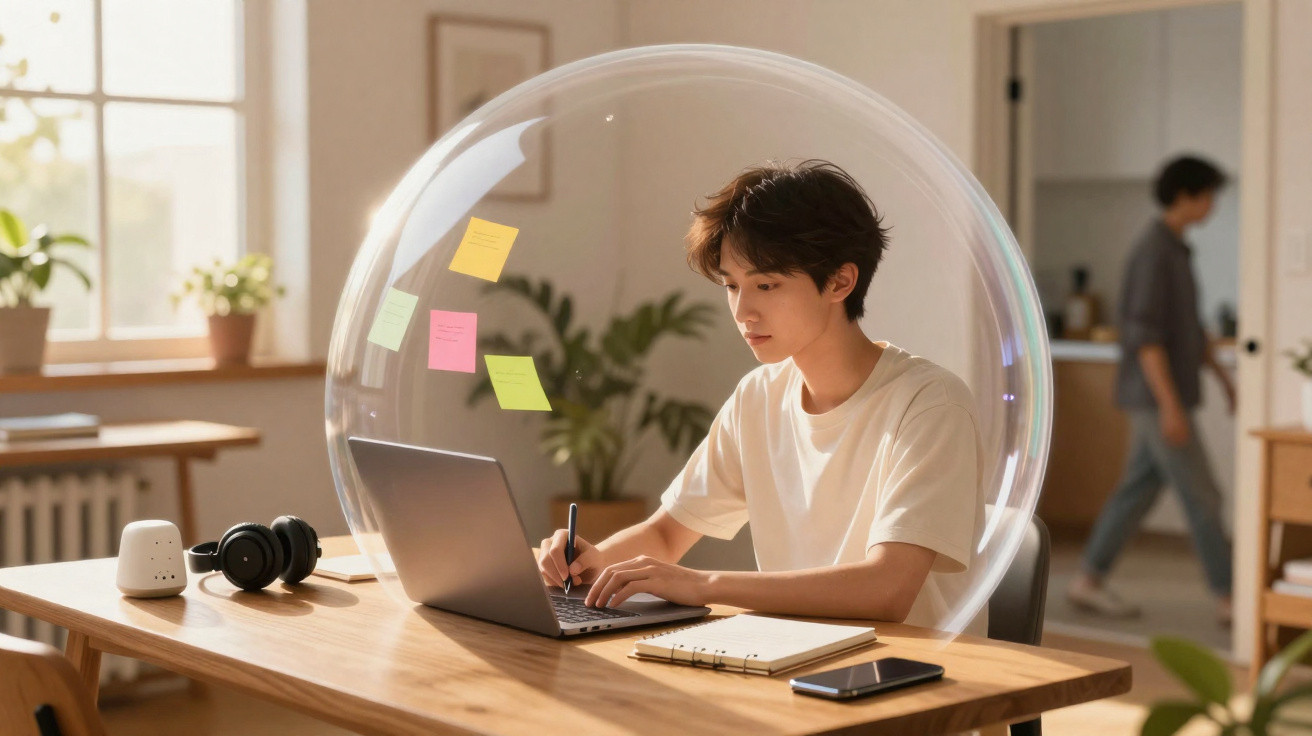 Junge sitzt in durchsichtiger Schutzkugel am Schreibtisch und arbeitet konzentriert am Laptop.