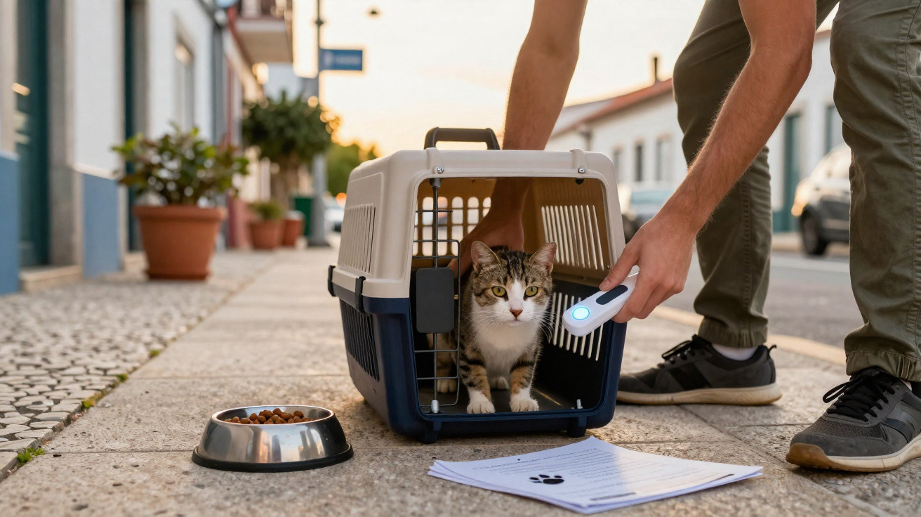 Katze sitzt in Transportbox auf Gehweg, neben Fressnapf und Dokumenten, Person hält Lesegerät daneben.