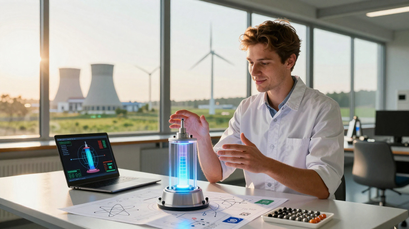 Junger Wissenschaftler arbeitet im Labor an einem futuristischen Energiegenerator mit Windrädern und Kühltürmen im Hintergrun