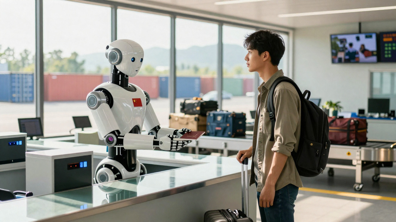 Roboter überprüft Pass eines jungen Mannes mit Reisetasche an einem internationalen Flughafenschalter.