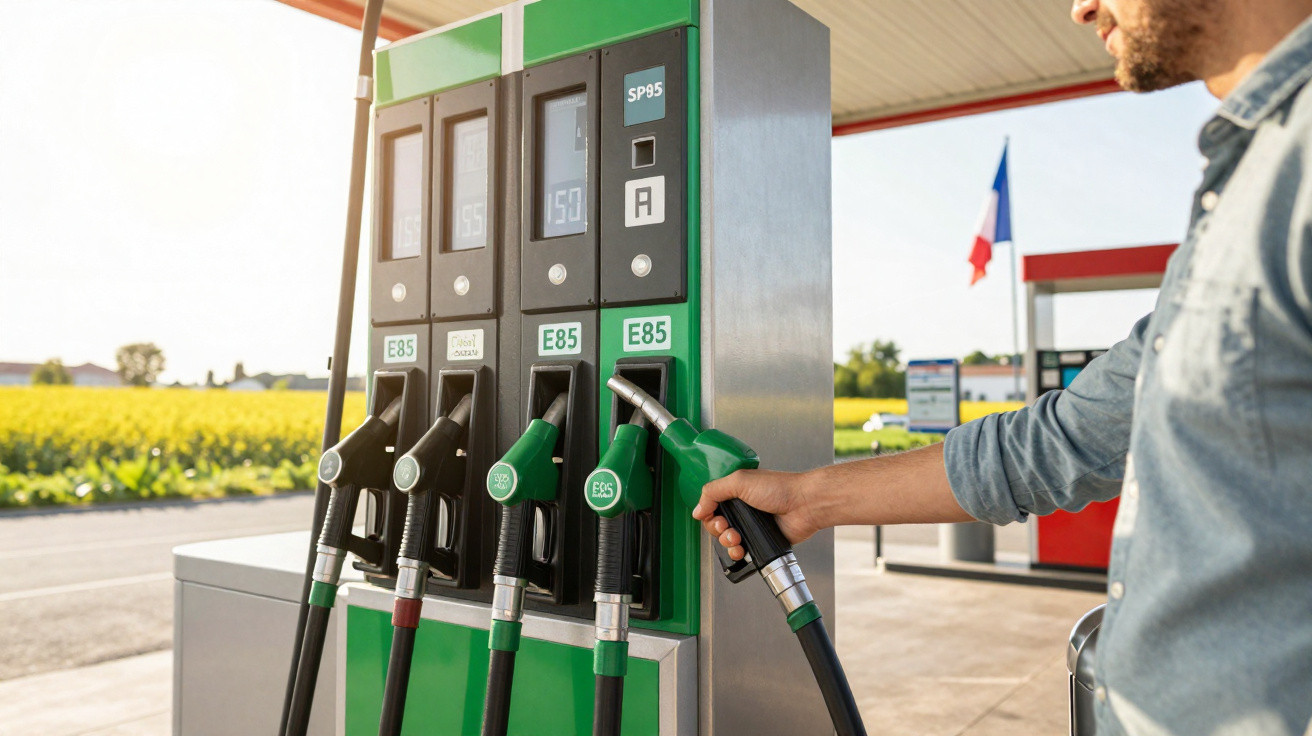 Mann betankt Auto mit E85 an einer Tankstelle mit grünen Zapfsäulen und französischer Fahne im Hintergrund.