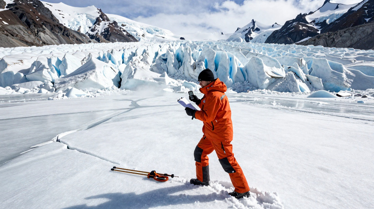 Forschende Person in orangener Winterkleidung auf gefrorenem Gletscher vor Eiswand und schneebedeckten Bergen.