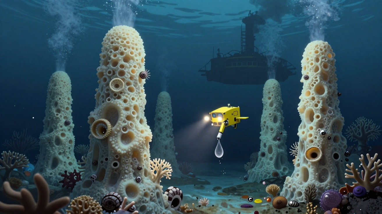 U-Boot und gelbes Tauchroboter mit Tropfen vor porösen, pilzartigen Unterwasserformationen.