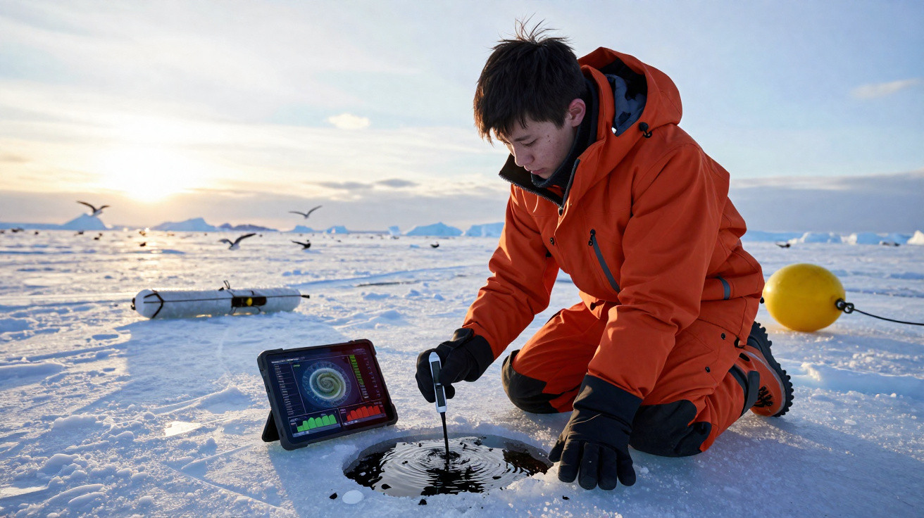 Junge in oranger Schutzkleidung entnimmt Wasserprobe aus einem Eisloch in arktischer Umgebung bei Sonnenaufgang.