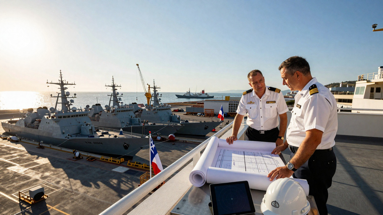 Zwei Marineoffiziere besprechen Pläne auf einem Schiff mit Kriegsschiffen und Hafen im Hintergrund bei Sonnenschein.