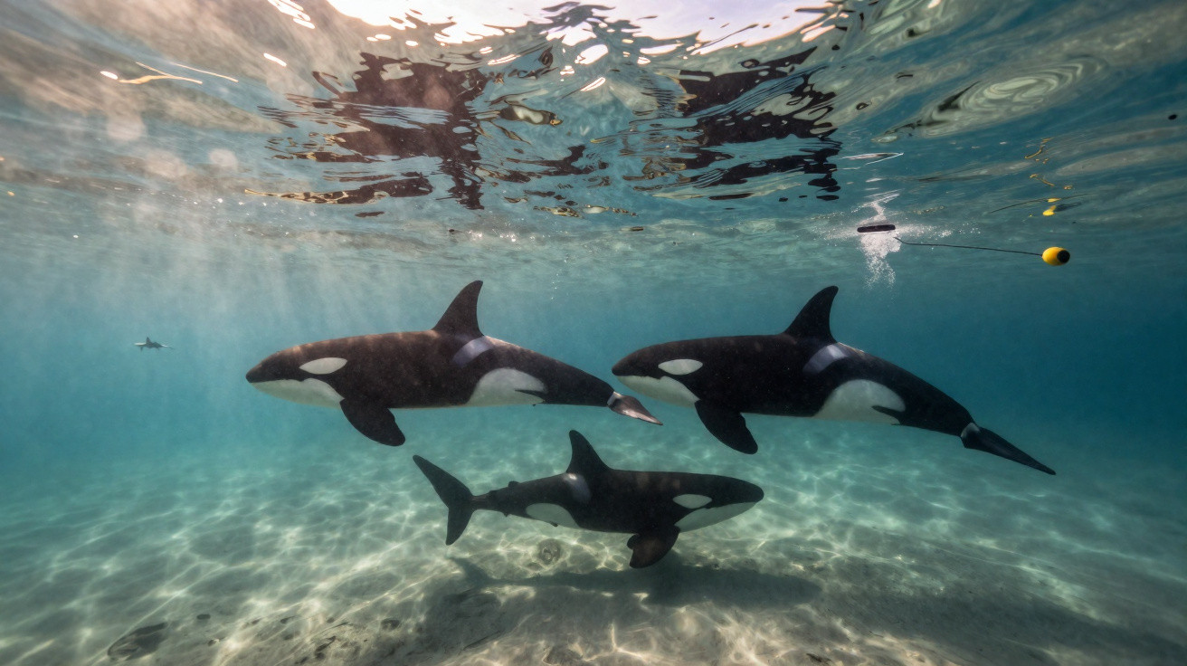 Drei Schwertwale schwimmen unter Wasser in klarem Meer nahe der Wasseroberfläche bei Sonnenschein.