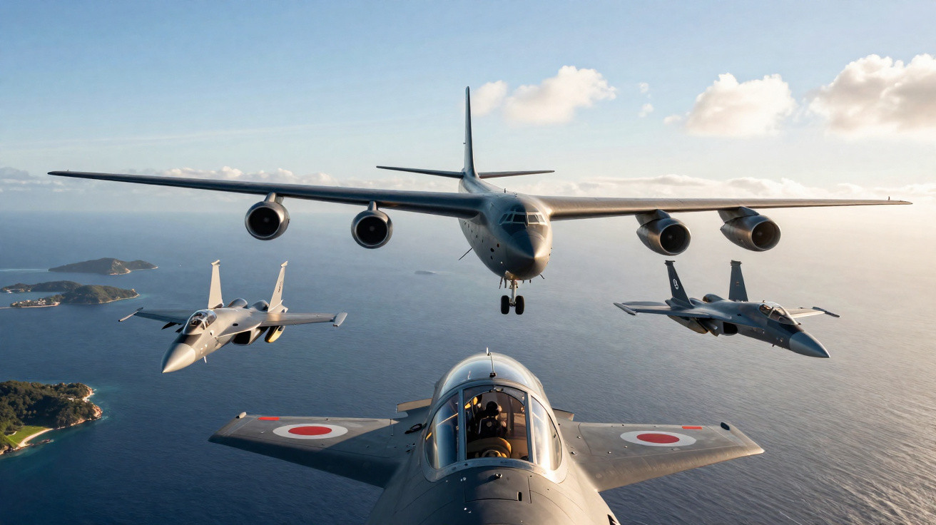 Vier Militärflugzeuge in Formation über dem Meer bei klarem Himmel und einigen Wolken.