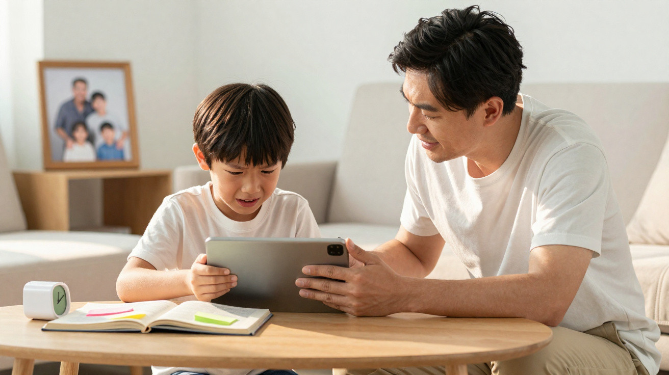 Vater und Sohn sitzen am Tisch, nutzen gemeinsam ein Tablet, Bücher und Wecker liegen auf dem Tisch.