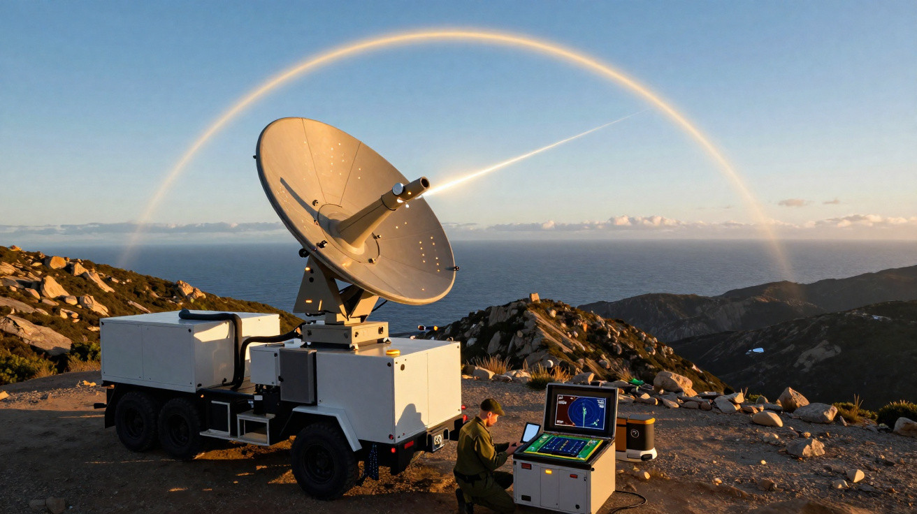 Mann bedient mobile Satellitenschüssel auf Berg mit Regenbogen und Meer im Hintergrund bei Sonnenuntergang.