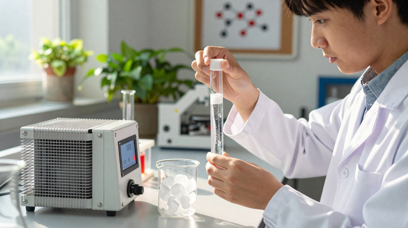 Wissenschaftler im weißen Kittel untersucht Reagenzglas mit Flüssigkeit in hellem Labor mit Geräten und Pflanzen.