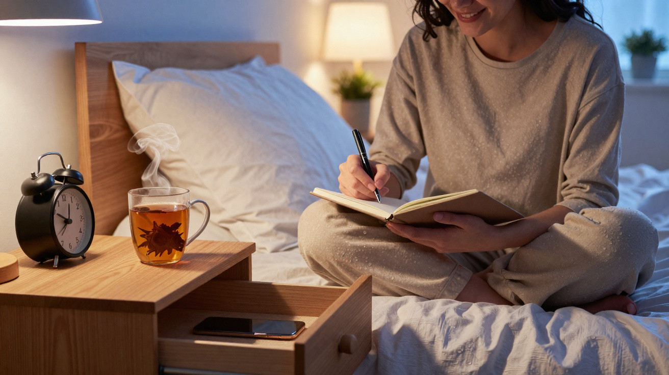 Frau sitzt im Bett in Pyjama, schreibt in Notizbuch, dampfender Tee und Wecker auf Nachttisch neben ihr.