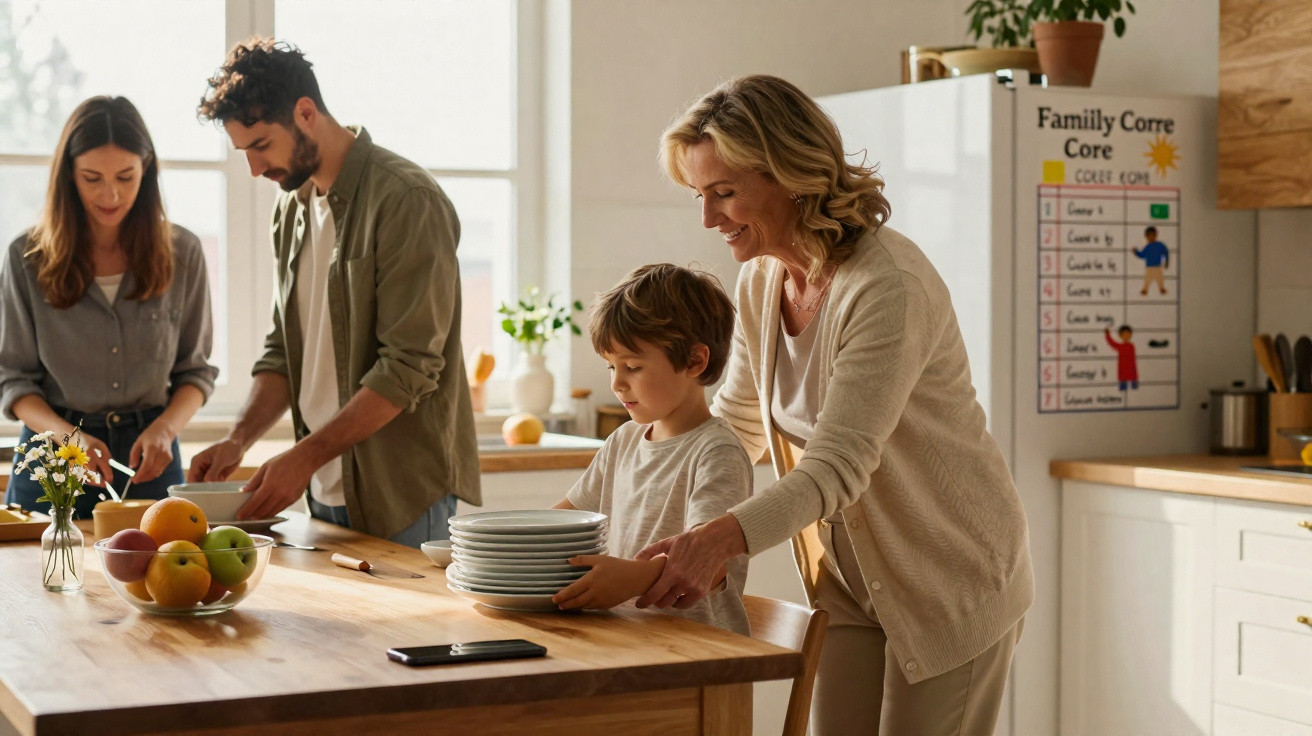 Familie bereitet gemeinsam Essen in der Küche vor, Frau und Kind tragen Teller zum Tisch.