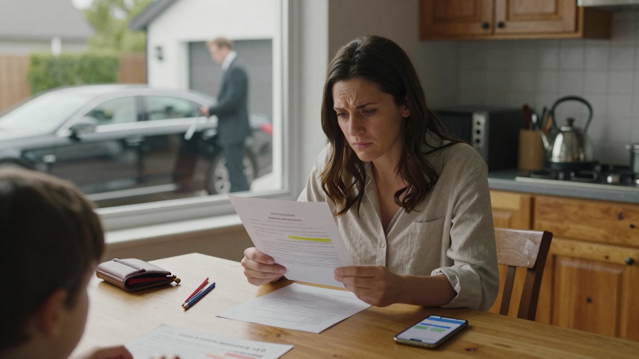 Frau liest besorgt Dokument am Küchentisch, im Hintergrund Mann neben Auto durch Fenster sichtbar.