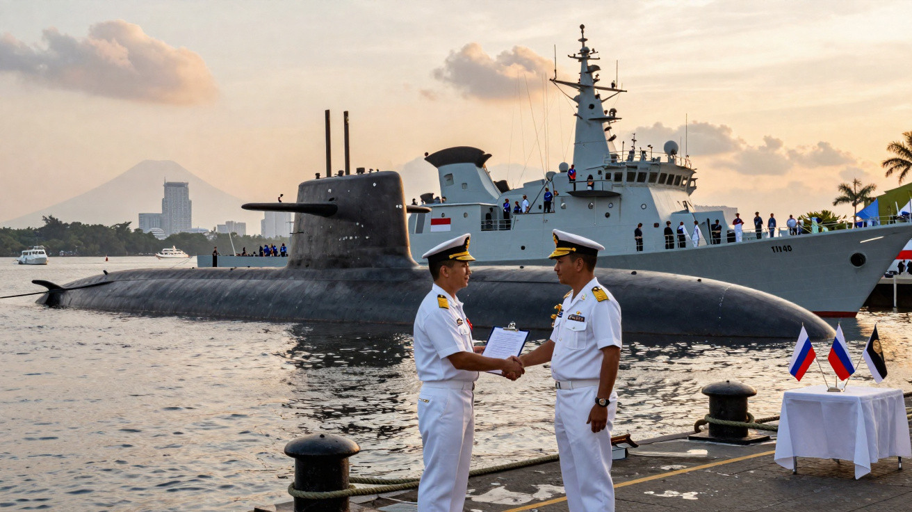 Zwei Marineoffiziere in Uniform schütteln sich vor einem U-Boot und einem Marineschiff bei Sonnenuntergang die Hand.
