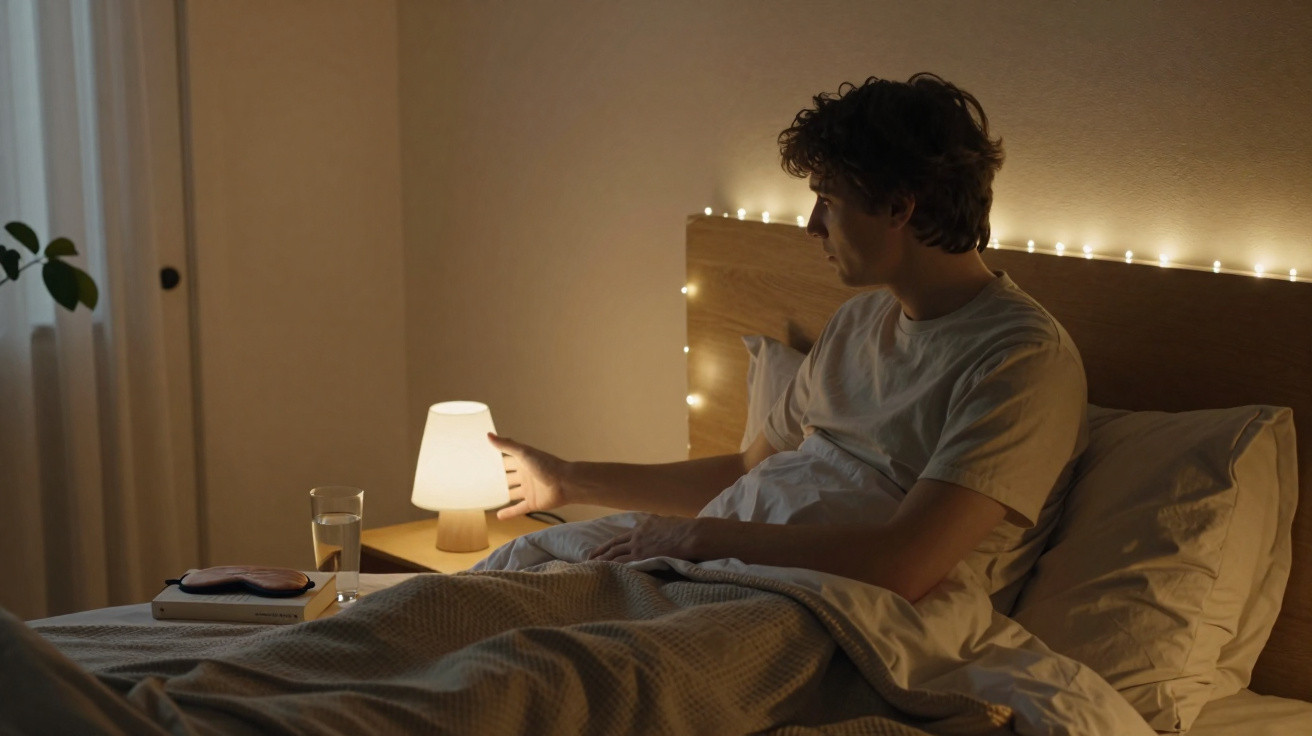 Junger Mann im Bett schaltet eine Lampe ein, gemütliches Schlafzimmer in warmem Licht.