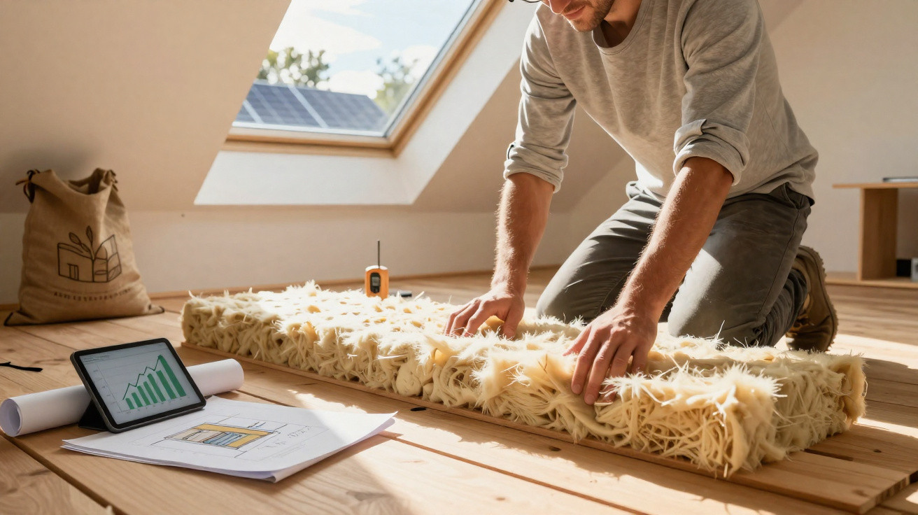 Mann kniet auf Holzboden und untersucht Dämmstoffmatte in hellem Raum mit Dachfenster und Bauplänen.
