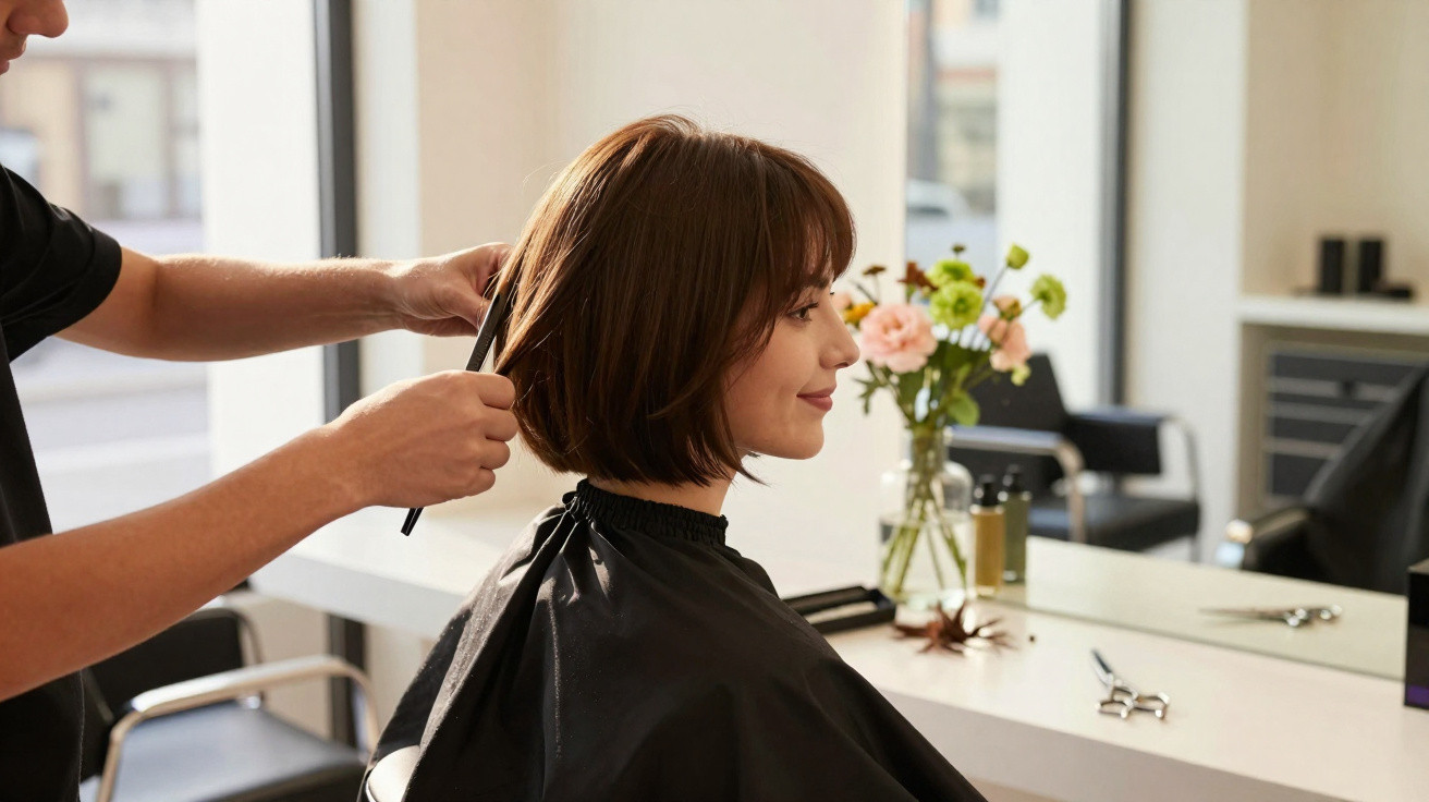 Frau mit braunem Bob-Haarschnitt bekommt Haarschnitt im Friseursalon vor Spiegel mit Blumenvasen.