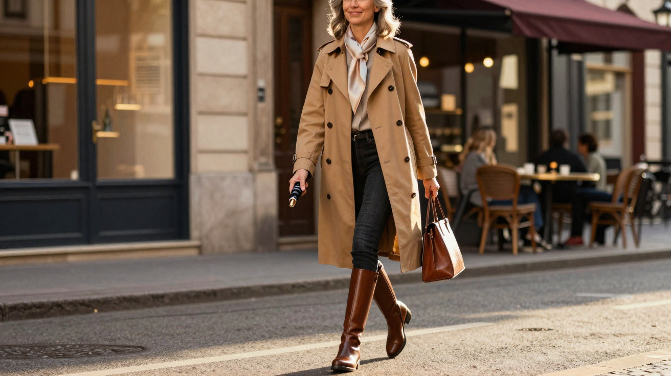 Frau in Trenchcoat und Stiefeln trägt Handtasche und geht auf einer sonnigen Straße an Café vorbei.