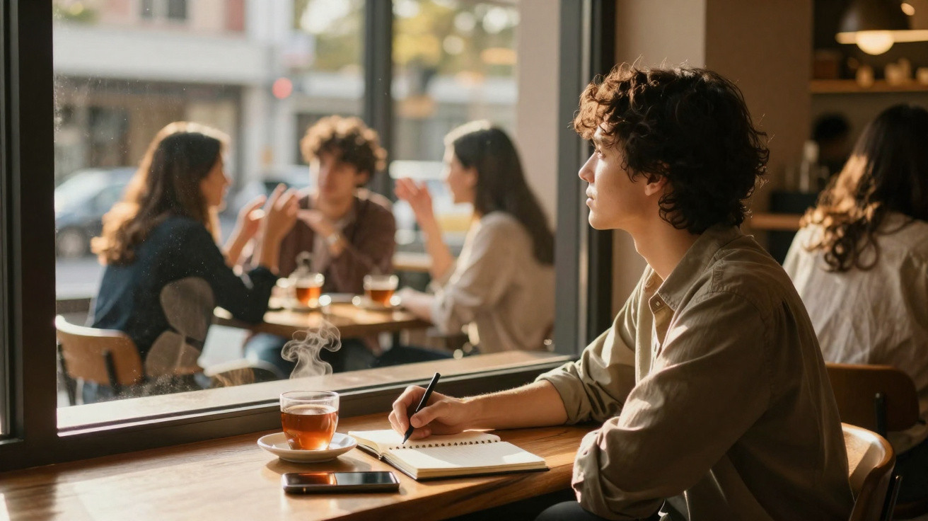 Junger Mann schreibt in Notizbuch in Café, im Hintergrund sitzen drei Personen und unterhalten sich.