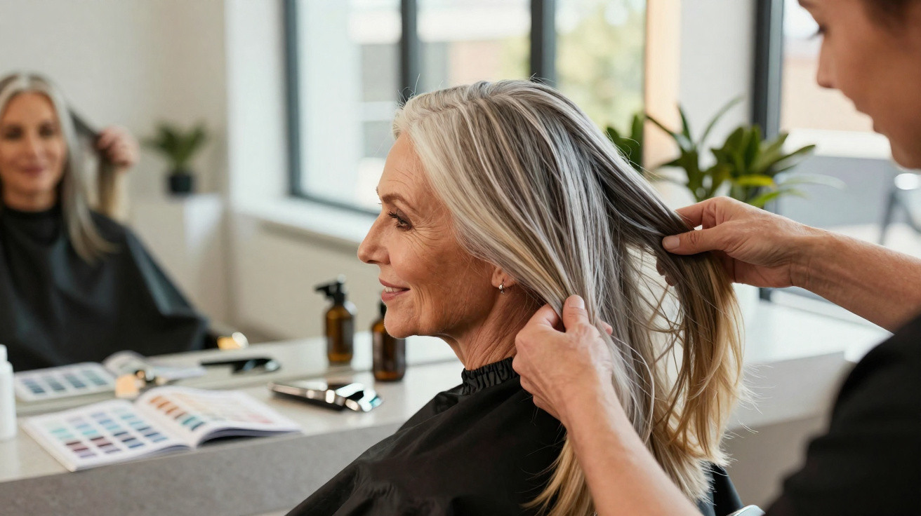 Frau mittleren Alters sitzt beim Friseur, der ihr langes graues Haar begutachtet und stylt.