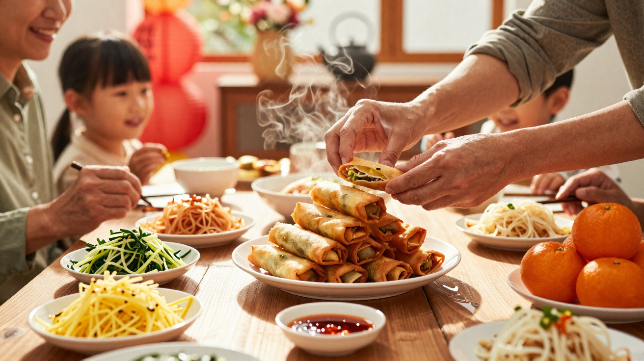 Mehrgenerationenfamilie teilt Frühlingsrollen und asiatische Gerichte bei einem gemeinsamen Essen am Esstisch.
