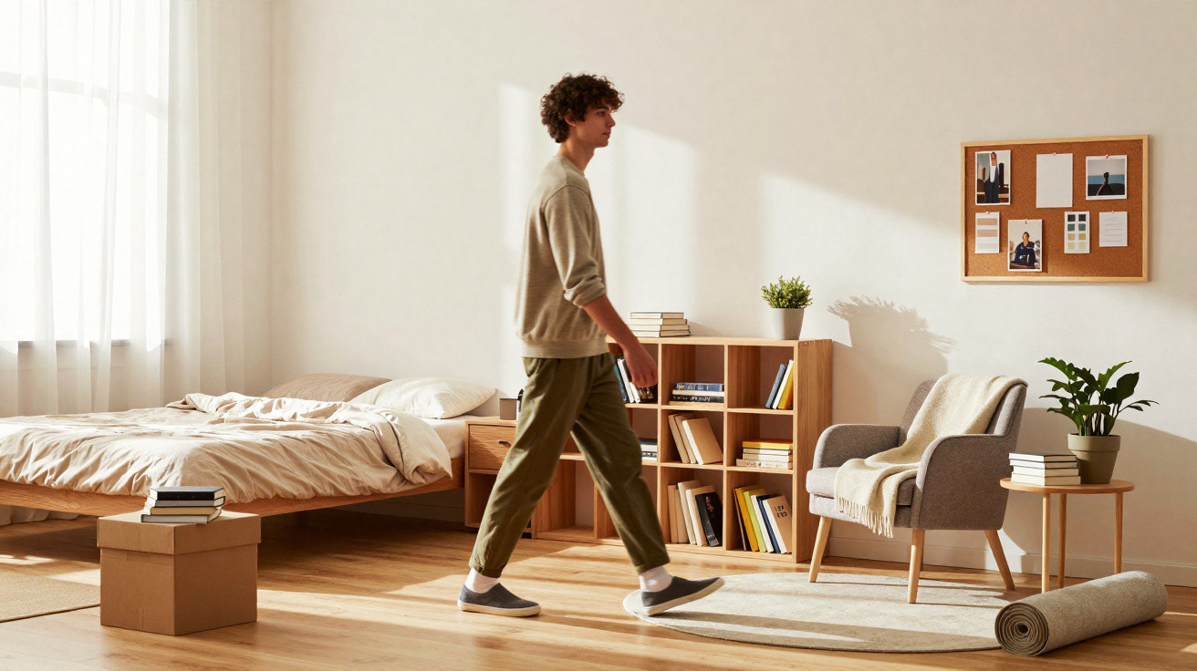 Junger Mann läuft barfuß in sonnendurchflutetem, modern eingerichteten Schlafzimmer mit Bett und Bücherregal.