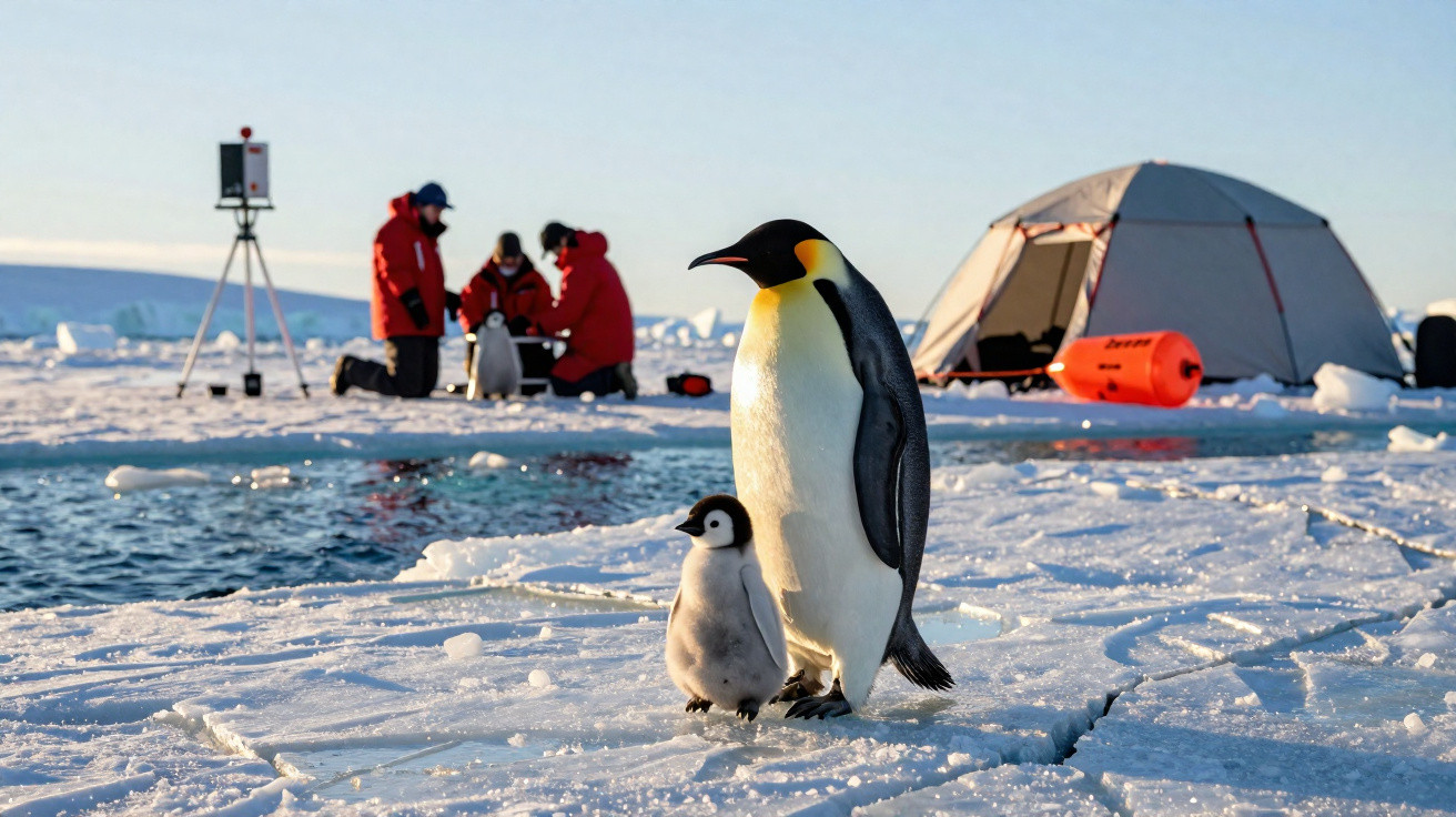 Zwei Pinguine auf Eis mit Forschern und Zelt im Hintergrund bei klarem Himmel.