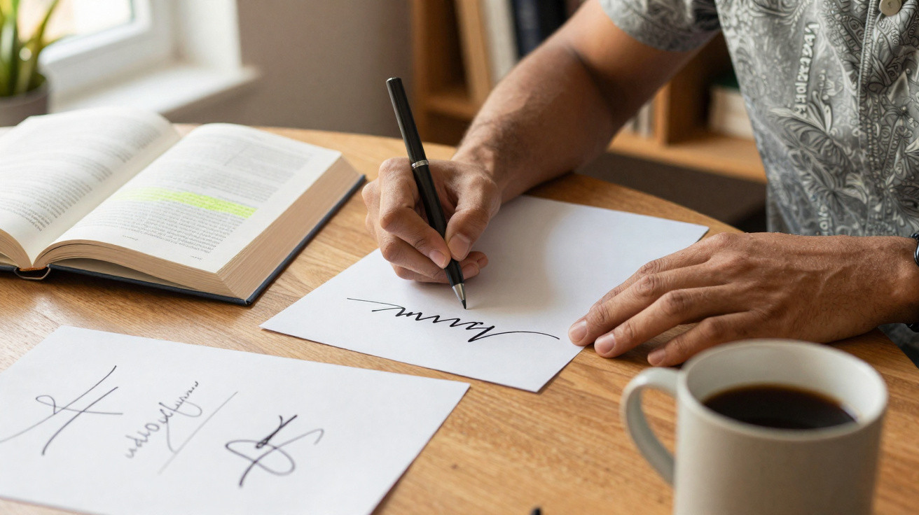 Person unterschreibt Dokumente mit einem Stift, daneben Buch und Kaffeetasse auf Holztisch.