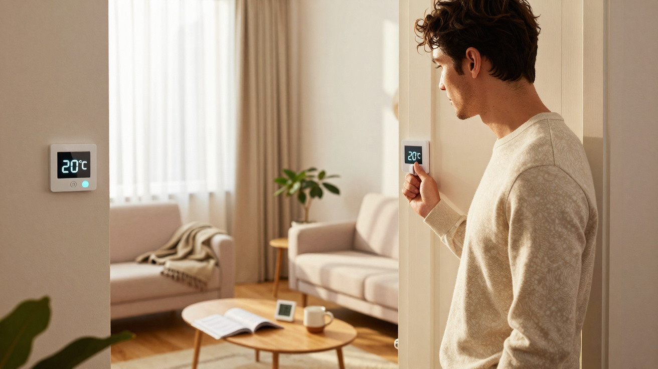 Mann stellt Smart-Thermostat an der Wand ein, Wohnzimmer mit Sofas, Kaffeetisch und Pflanze im Hintergrund.