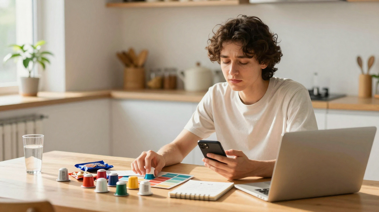 Junger Mann sitzt am Küchentisch, sieht sich Farbproben an und benutzt ein Smartphone mit offenem Laptop.