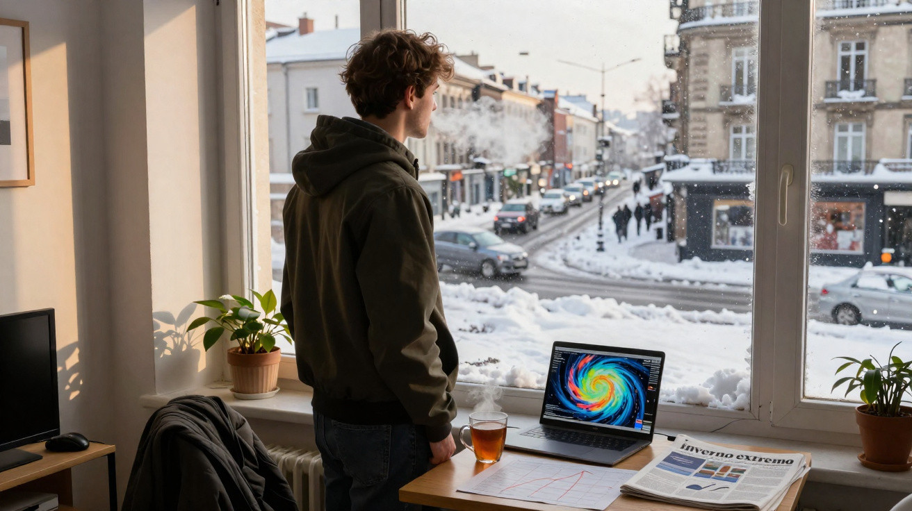 Mann steht am Fenster und blickt auf verschneite Straße, Laptop und Zeitung auf Tisch vor ihm.