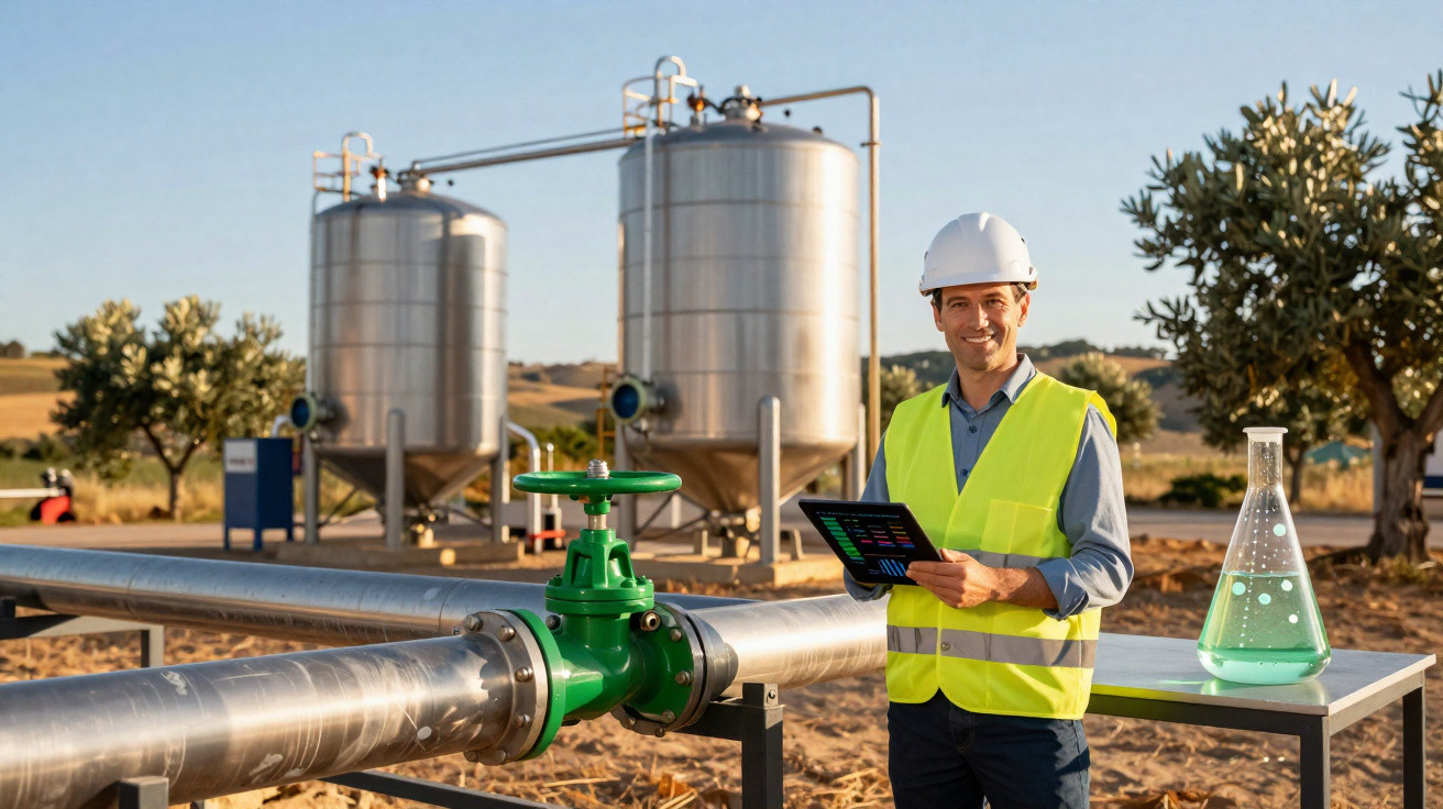 Ingenieur mit Tablet und Schutzhelm an Rohrleitung vor Edelstahltanks in Industrieanlage im Freien.