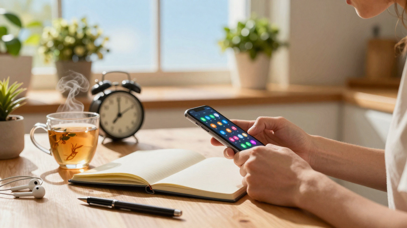Person hält Smartphone neben geöffnetem Notizbuch, dampfender Tee, Wecker und Pflanzen auf Holztisch.