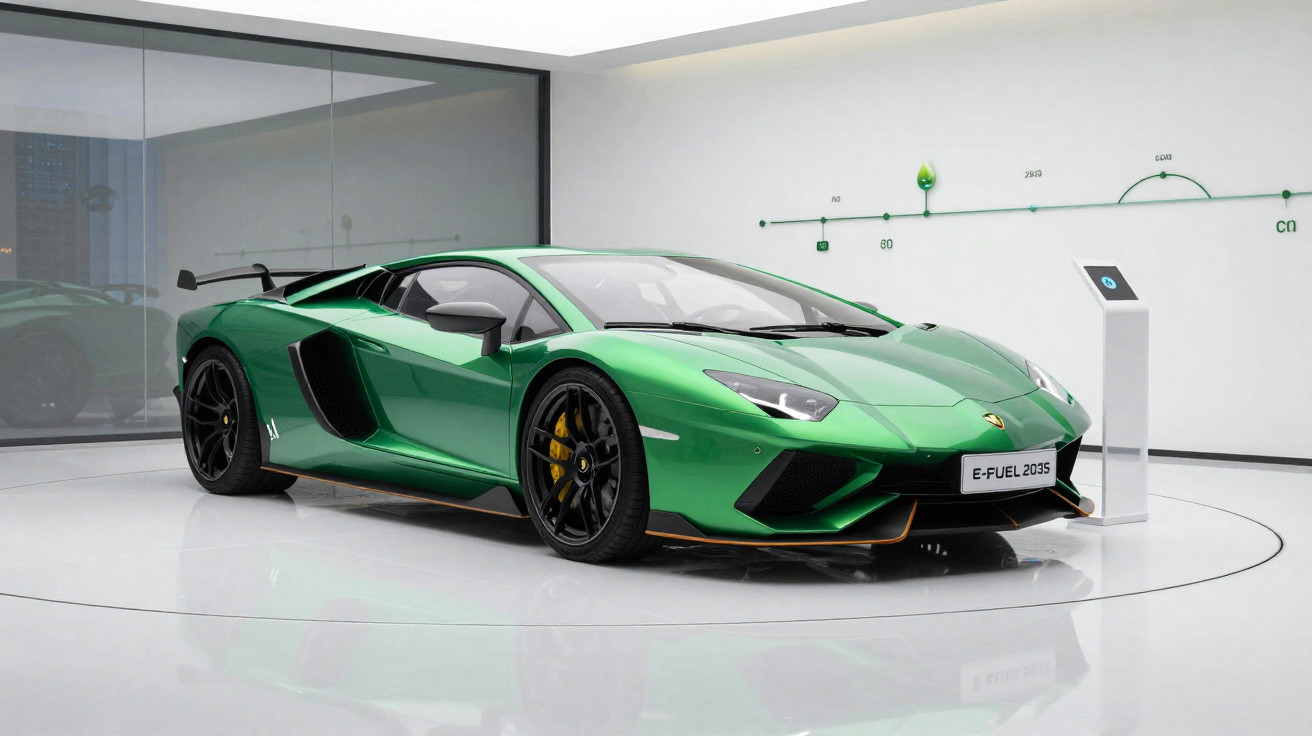 Grüner Lamborghini Sportwagen im Ausstellungsraum mit E-Fuel 2035 Schild vorne.