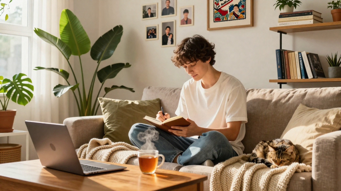Junger Mann sitzt auf Sofa, schreibt in Notizbuch, neben ihm schläft Katze, Kaffeetasse dampft auf Tisch.