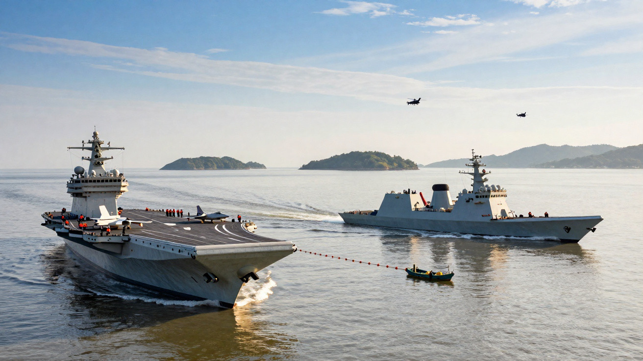 Zwei Kriegsschiffe auf ruhigem Meer, Helikopter überfliegen, kleine Inseln im Hintergrund bei klarem Himmel.
