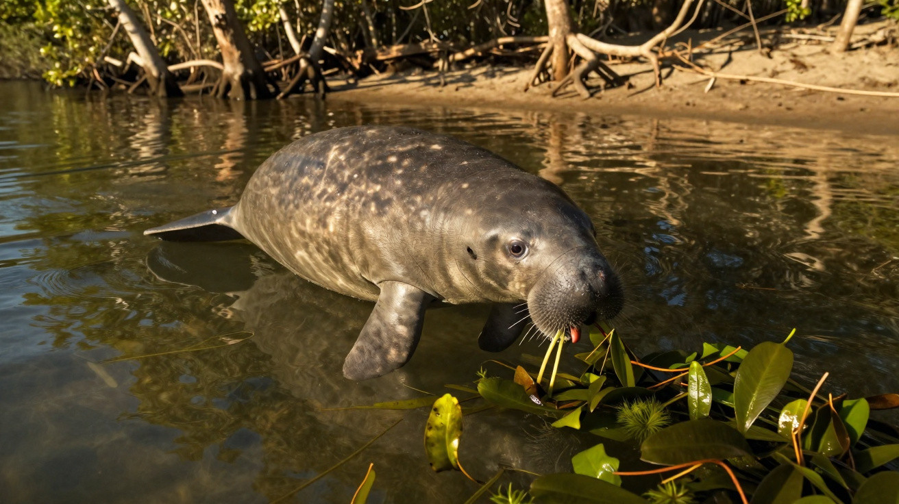 Seekuh im flachen Wasser frisst Mangrovenblätter mit Wurzeln im Hintergrund bei Sonnenschein.
