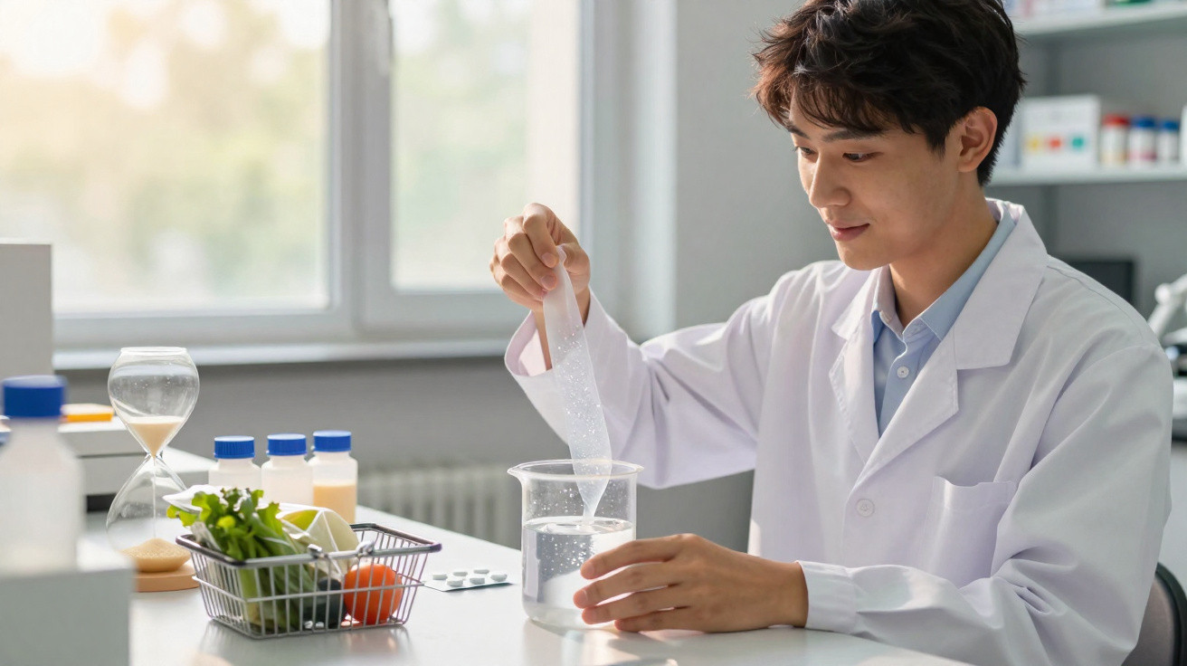 Wissenschaftler in weißem Kittel untersucht Gelatine in Labor mit Gemüse und Tabletten im Hintergrund.