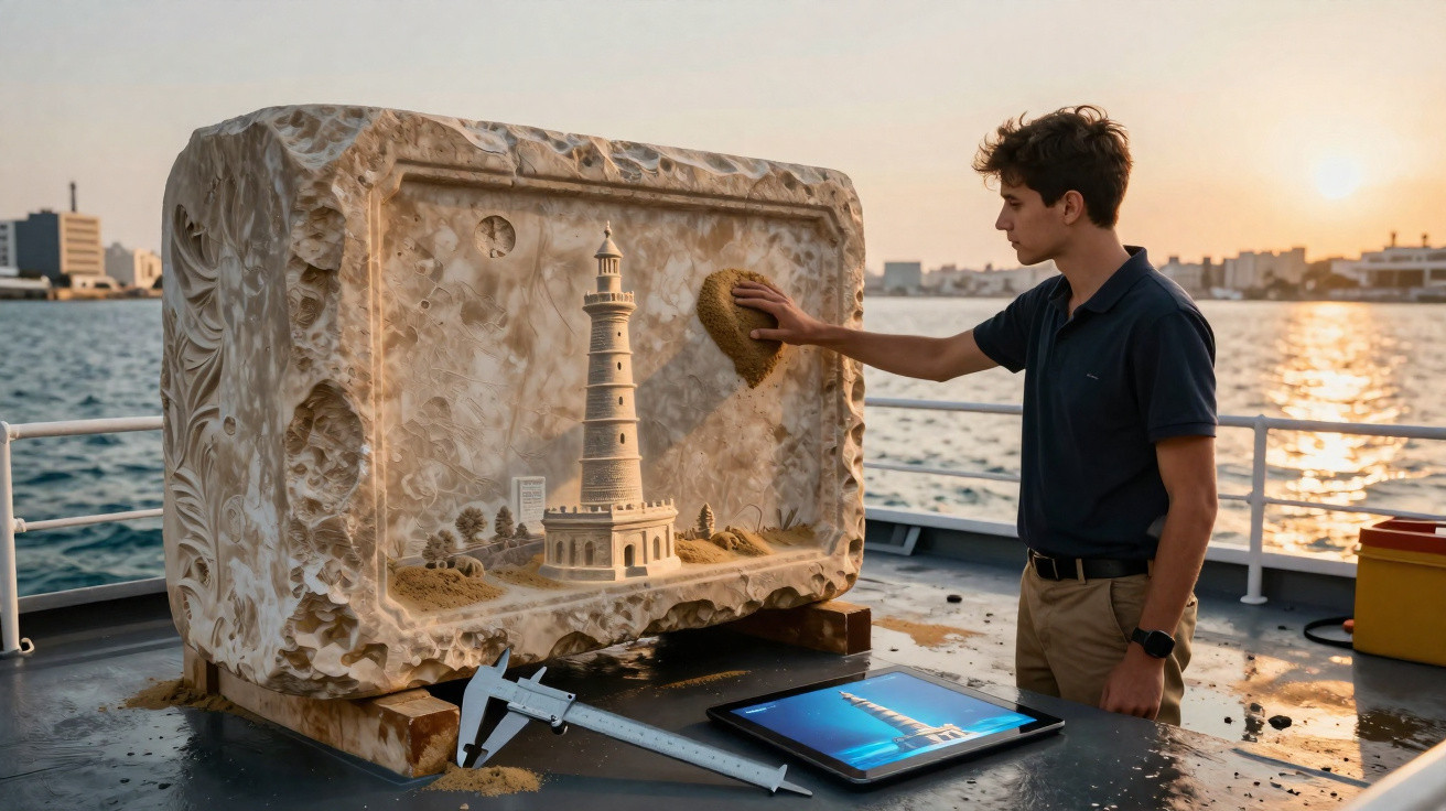 Mann formt Sandskulptur eines Leuchtturms auf Boot bei Sonnenuntergang mit Tablet und Messschieber.