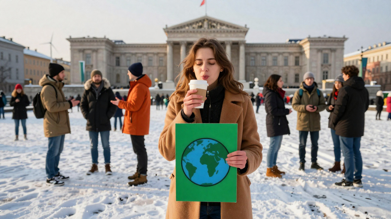 Frau mit Kaffee und Erdball-Plakat steht vor schneebedecktem Platz mit Menschen und historischem Gebäude.