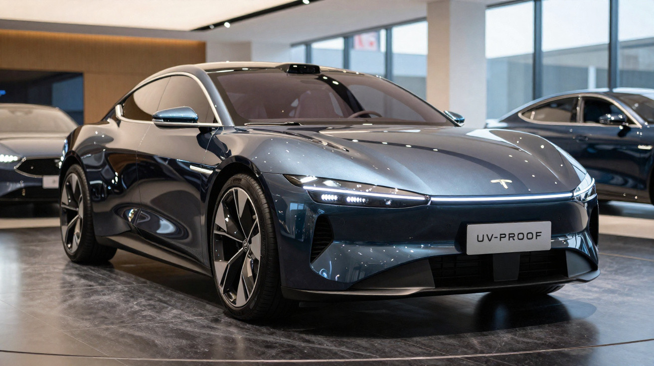 Dunkelblauer Tesla-Elektrowagen im Showroom mit glänzender Oberfläche und moderner LED-Beleuchtung.