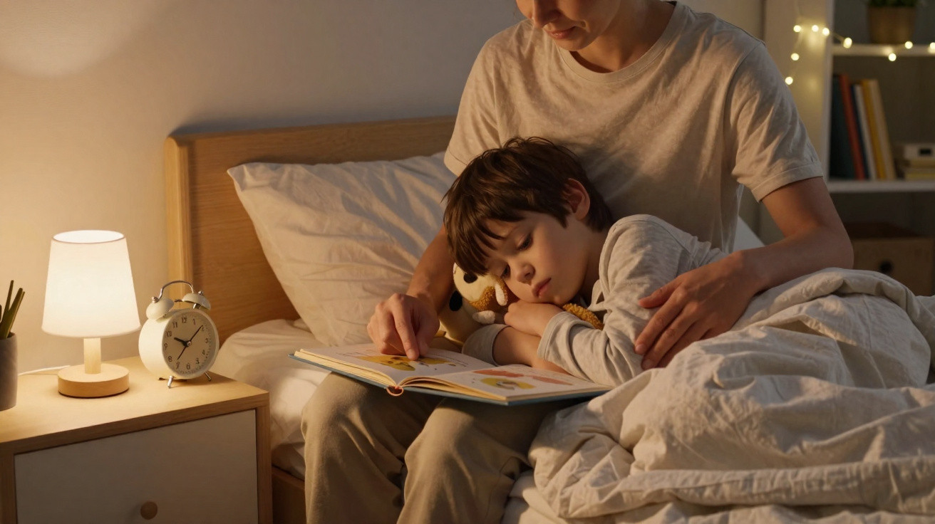 Ein Kind schläft auf dem Schoß eines Erwachsenen, der zusammen ein Buch liest, neben einem Nachttisch mit Lampe und Wecker.