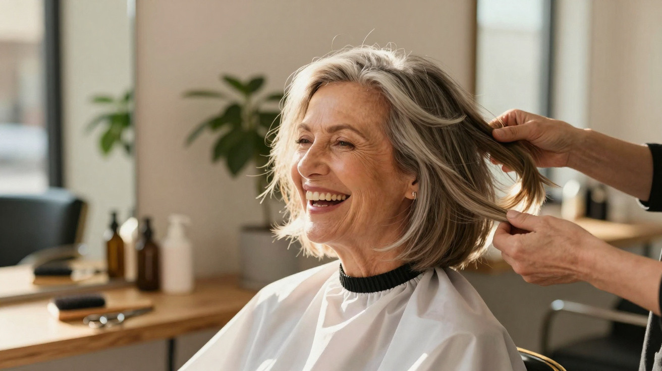Ältere Frau mit grauen Haaren lächelt beim Friseurbesuch in modernem Salon.