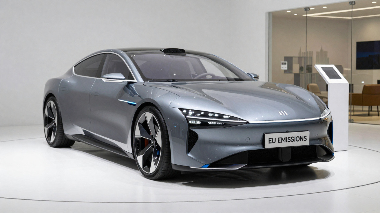 Elegantes graues Elektroauto mit EU Emissions-Kennzeichen in modernem Ausstellungsraum stehend.