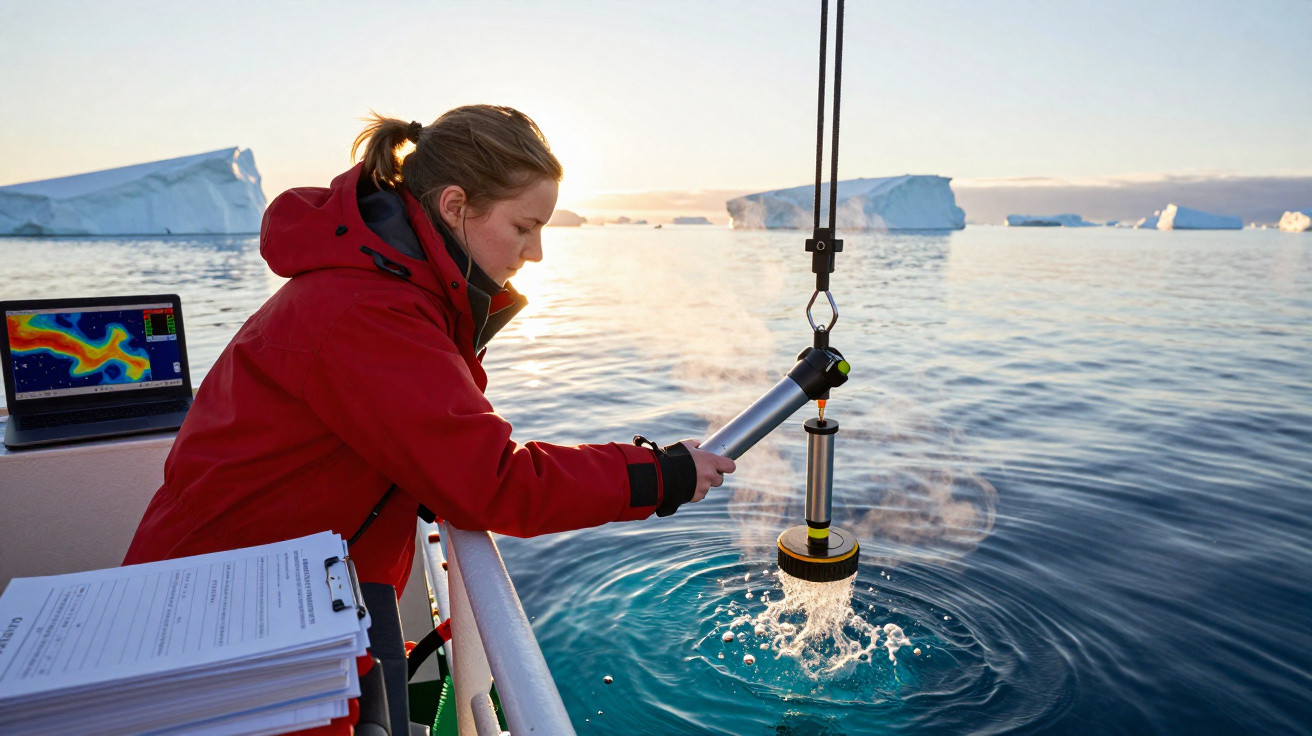 Frau in rotem Mantel nimmt Wasserprobe von einem Boot aus, Eisberge und Sonnenuntergang im Hintergrund.