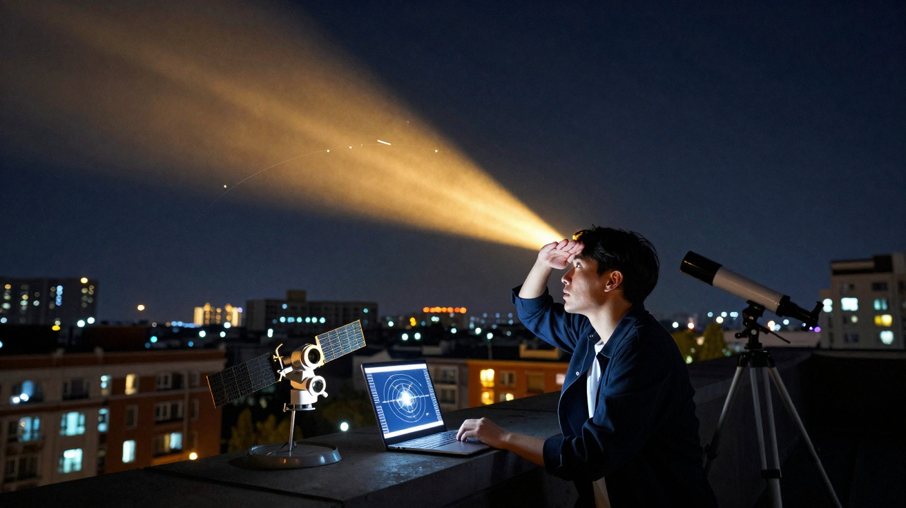 Junger Mann beobachtet mit Laptop, Satellitenmodell und Teleskop nachts den Sternenhimmel auf Dachterrasse.