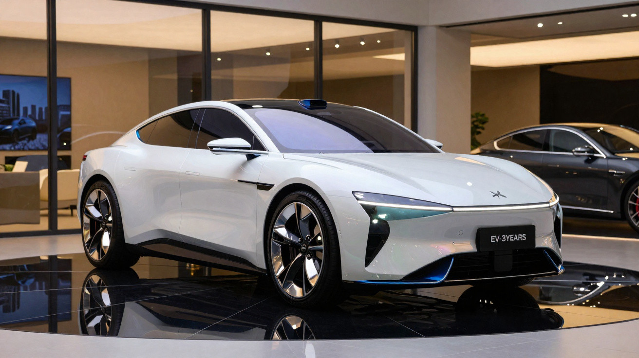 Weißes Elektro-Sportcoupé mit futuristischem Design in moderner Ausstellungshalle.
